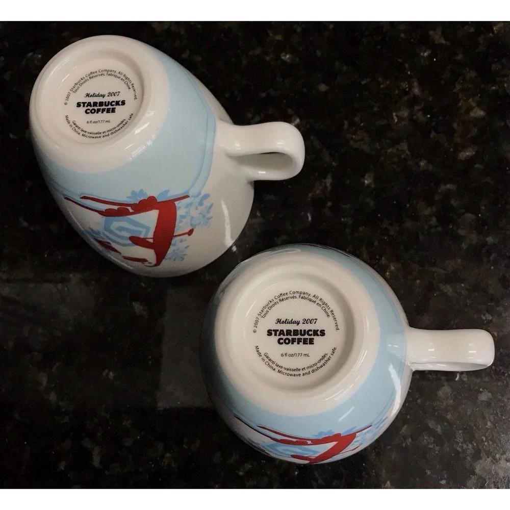 Set of 2 Starbucks 2007 Christmas Coffee Cup & Saucer Holiday‎ Snowman & Penguin